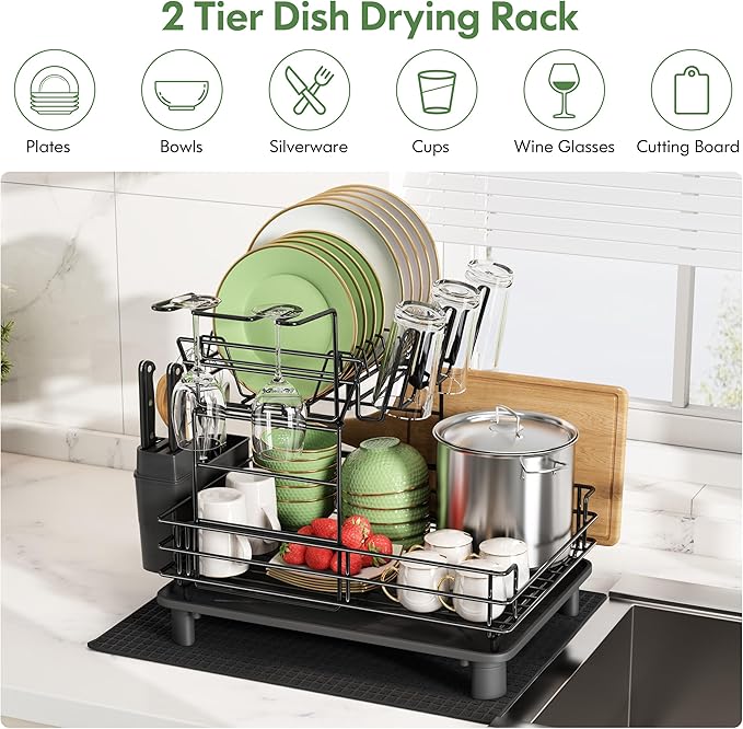 2 Tier Black Large Stainless Steel Dish Drainers Drying Rack for Kitchen Counter with Drainboard, Rust Proof Metal, Space Saving, Modern Aesthetic, Compact Plates Strainers with Extra Mat-Ruum Studio Home