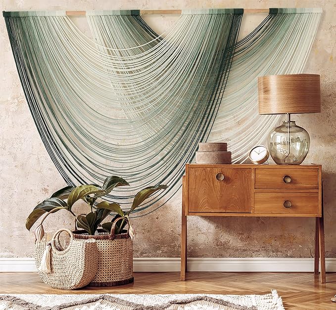 Macrame Wall Hanging Green Yarn Art Dip-Dye Boho Wall Decor Fiber Wall Art Craftsmanship Home Decor 57" W x 39" L-Ruum Studio Home