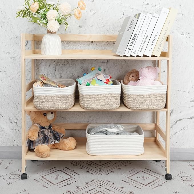 Small Woven Storage Baskets 12“X8”X5“ Decorative Rope Bins for Organizing Shelves, Closets, and Toys, Empty Gift Baskets, Cute Organizer Basket for Home and Office (white and brown regular)-Ruum Studio Home