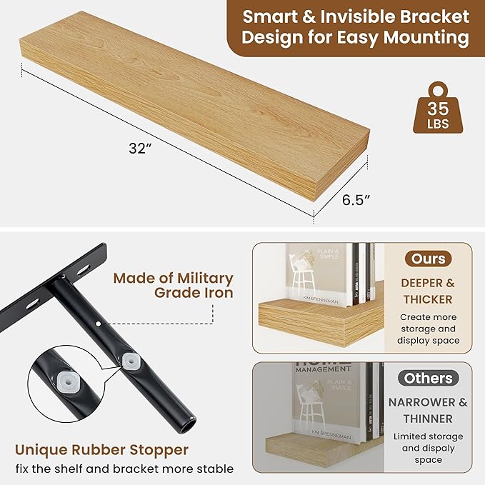 fuqing Floating Shelves for Wall, Bathroom Shelf Wall Mounted for Storage, Shelves with Invisible Bracket for Bedroom, Kitchen, Living Room, Farmhouse Small Book Shelf, 32 Inch Set of 2, Oak-Ruum Studio Home