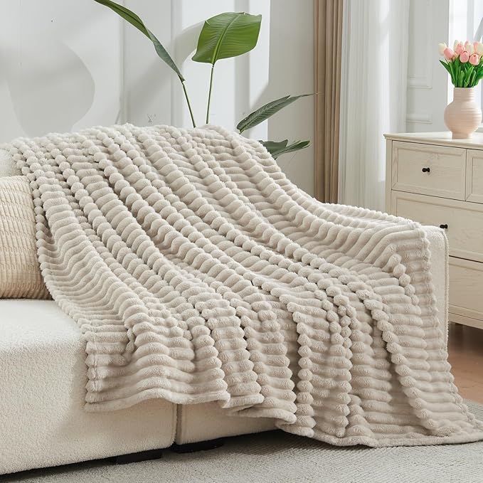 NEWCOSPLAY Super Soft Throw Blanket Linen Premium Silky Flannel Fleece 3D Ribbed Jacquard Lightweight Bed Blanket All Season Use (Linen Ribbed, Throw(50"x60"))-Ruum Studio Home