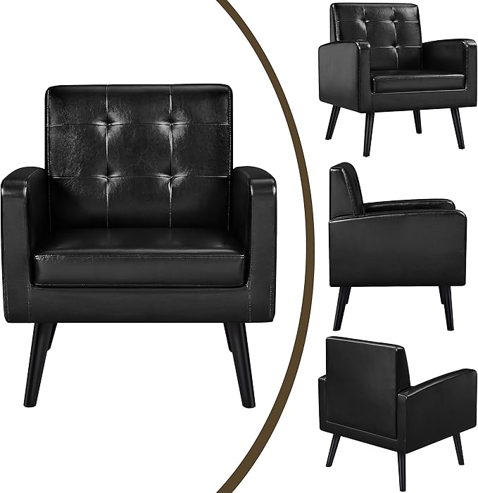 Yaheetech Mid-Century Accent Chairs, PU Leather Modern Upholstered Living Room Chair, Cozy Armchair Button Tufted Back and Wood Legs for Bedroom/Office/Cafe Black 2PCS-Ruum Studio Home