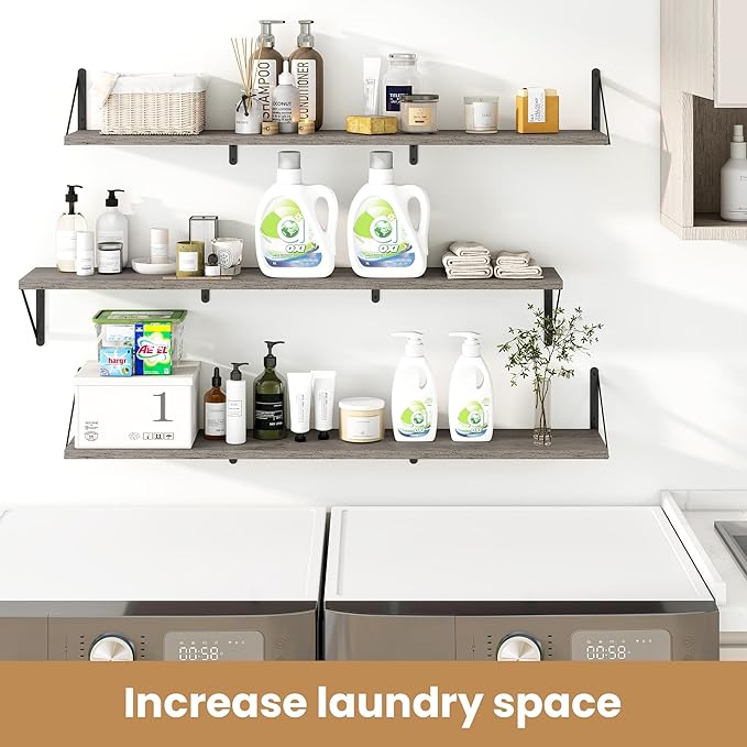 Heimlove 48 Inch Large Floating Bookshelves Set of 3,Wall Mounted Bookshelves,Heavy Duty Bracket Shelves for Living Room,Bedroom,Kitchen,Laundry Room Storage & Decor,Rustic Silver Grey-Ruum Studio Home