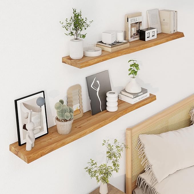 Axeman 48 inch Floating Shelves for Wall - 8'' D Live Edge Rustic Solid Elm Wood Floating Shelves Wall Mounted, Hanging Shelves with Invisible Bracket for Living Room Bedroom Kitchen, Natural-Ruum Studio Home