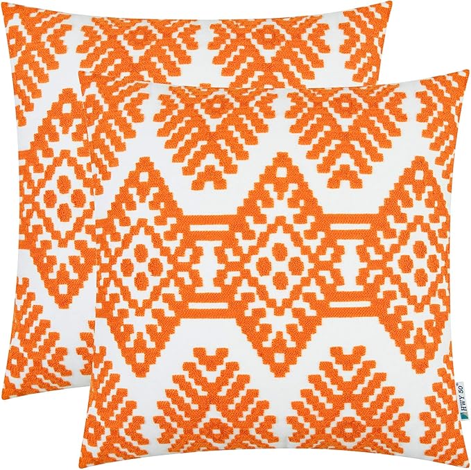 HWY 50 Orange Decorative Throw Pillow Covers 18x18 Inch, Pack of 2 Embroidered Cotton Farmhouse Cushion Cover Pillow Case for Sofa Couch Living Room Bed Bedroon, Modern Diamond Geometric-Ruum Studio Home