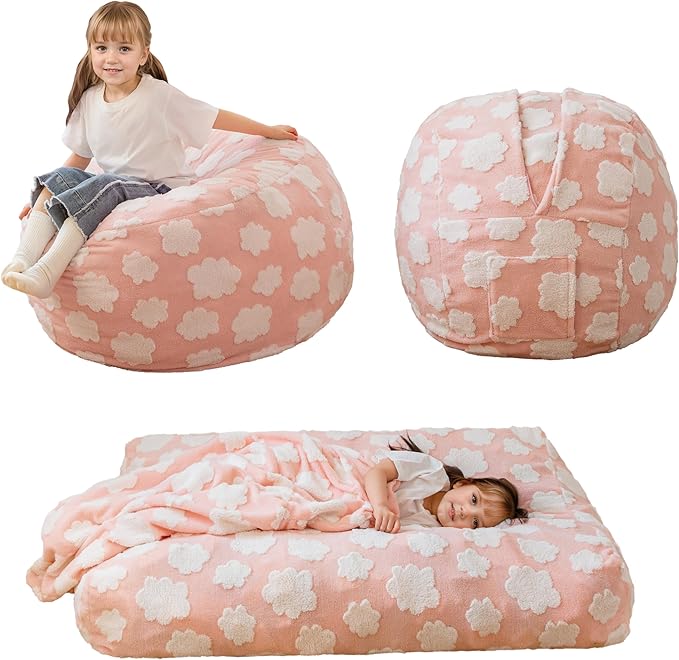MAXYOYO Bean Bag Chair Bed for Kids, Convertible Bean Bag from Lazy Chair to Floor Bed, Fresh Cloud Design Cover, Stuffed Floor Sofa Couch for Boys and Girls, High-Density Foam Filling, Pink-Ruum Studio Home