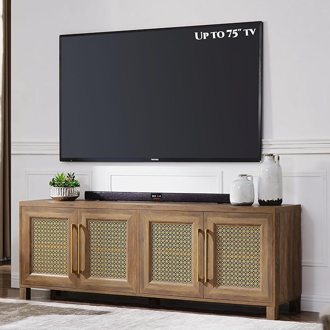 JYED Mid Century Modern TV Stand for TVs up to 75 Inch, with Hollow Metal Mesh Decorated，Boho TV Console with Storage Cabinet,Cable Holes, TV Stand for Living Room, 69.5"x15.6"x24.8", Rustic-Ruum Studio Home