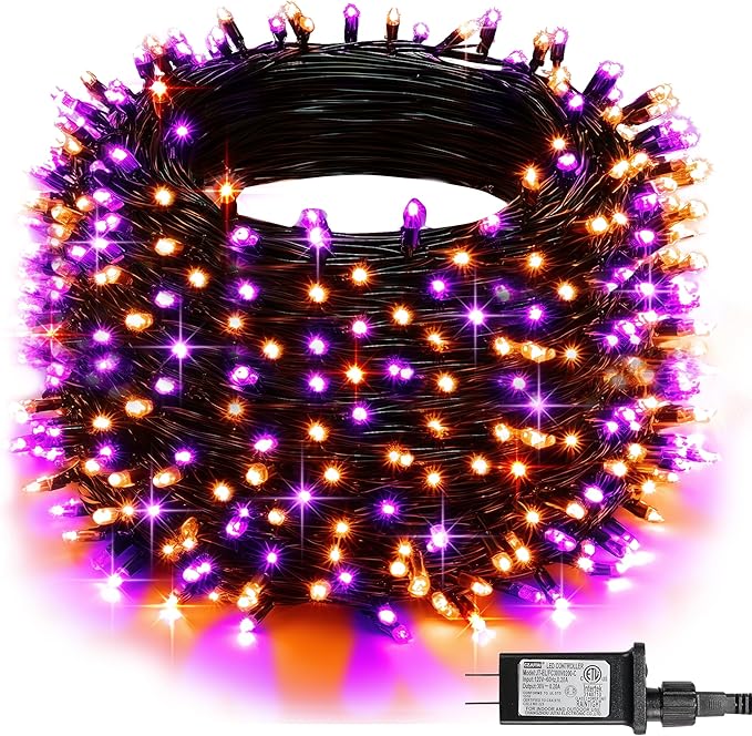 Dazzle Bright Halloween String Lights, 600 LED 196 FT Waterproof Black Wire String Lights with 8 Lighting Modes, Halloween Decorations Outdoor for Party Yard Garden Decor, Purple and Orange-Ruum Studio Home