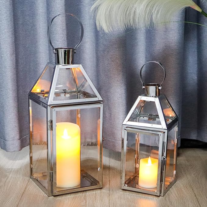 TRIROCKS Set of 2 Stainless Steel Decorative Lanterns 13"&10" H Metal Candle Holders with Tempered Glass for Home Decor Living Room Parties Events Tabletop Indoors Outdoors(Silver)-Ruum Studio Home