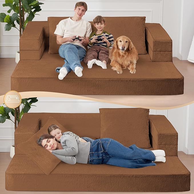 Folding Bean Bag Chair for Adults,3-in-1 Bean Bag Couch Faux Fur Floor Sofa Large Beanbag Convertible Bean Bag Sofa Bed with Pillow in Bedroom,Living Room,Apartment(Queen,Caramel)-Ruum Studio Home