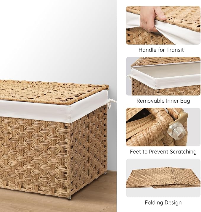 Wicker Storage Basket with Lid, 27.7 Gallon (105L) Large Blanket Basket with Lid, Woven Storage Bin with Handles, Removable Liner, Metal Frame, Foldable, for Bedroom, Laundry Room, Natural-Ruum Studio Home
