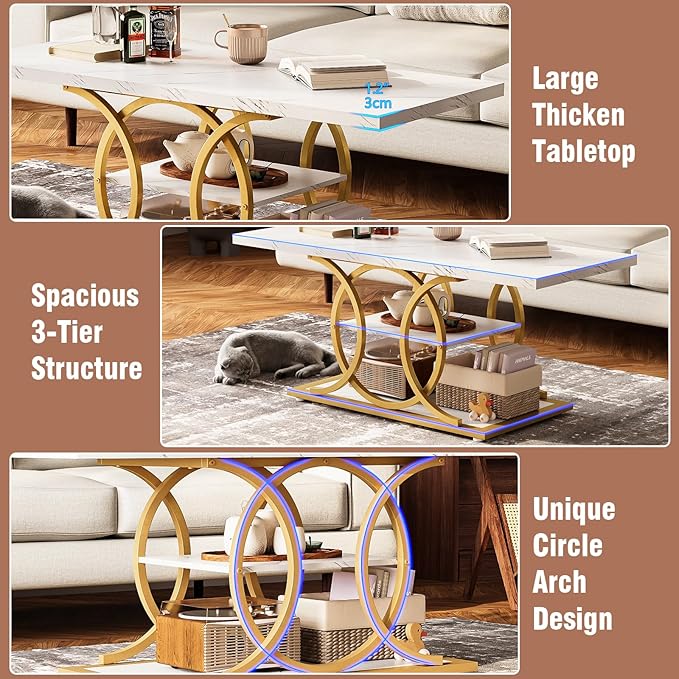 GiftGo Rustic Coffee Table with Storage Modern 3 Tier Center Living Room Table Faux Marble Wooden Rectangle Cocktail Tea Table for Office Bedroom Elegant Full Moon Design (White Gold, L-47)-Ruum Studio Home