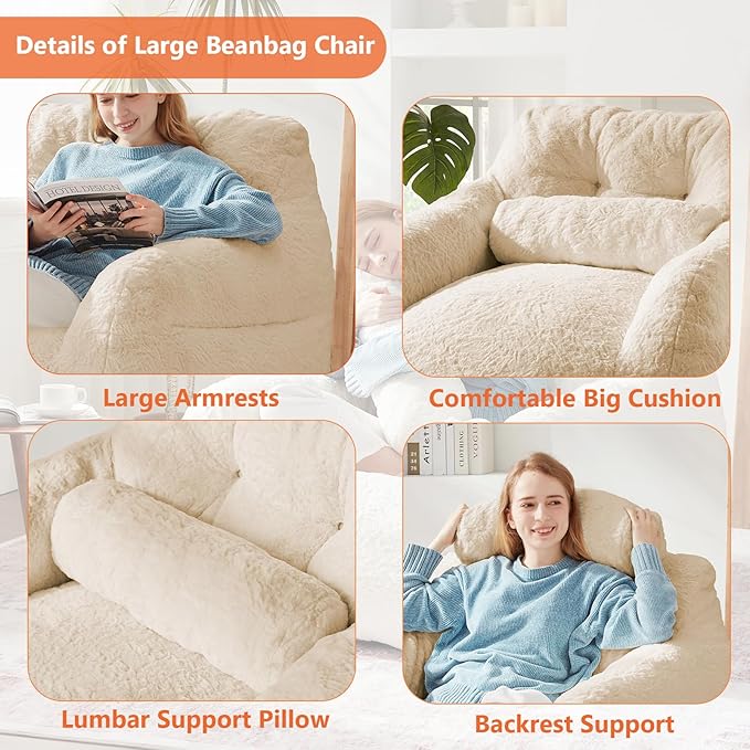 Bean Bag Chair for Adults with Pillow,Oversized Bean Bag Couch for Adults Chairs,Giant Lazy Couch Sofa Chairs with Filler,Large Reading Chair for Living Room Bedroom,Apricot-Ruum Studio Home