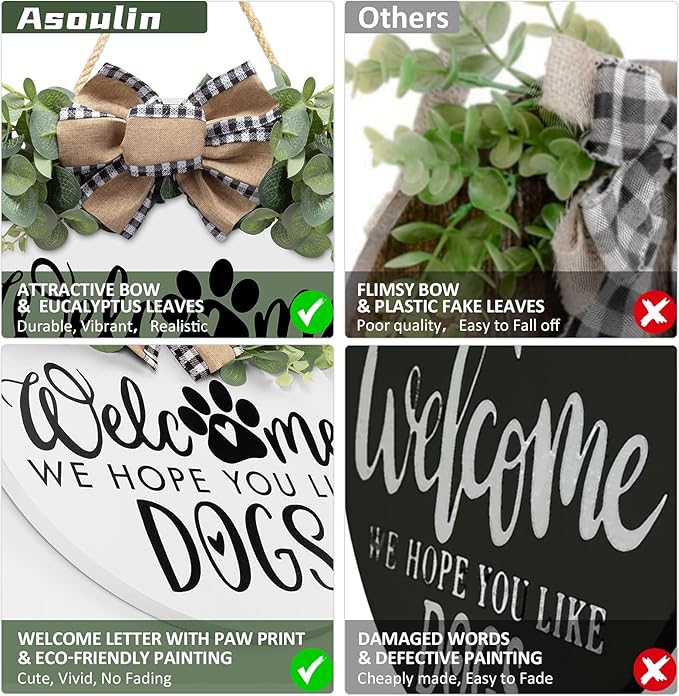 Asoulin Welcome Wreath 'We Hope You Like Dogs' Spring Decor Farmhouse Door Sign for Front Door Decor - Welcome Wreath Hanging Sign for Dogs Lovers Housewarming Gift-Ruum Studio Home