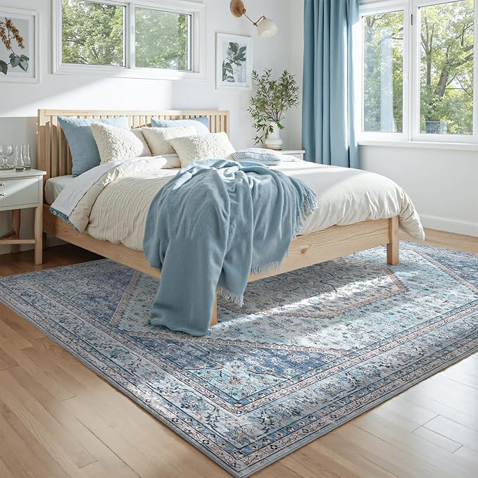 DCX Machine Washable Blue and Beige Area Rugs 5x7, Non Slip Stain Resistant Vintage Floral Rug for Living Room Bedroom Nursery, Soft Low Pile Large Carpet-Ruum Studio Home