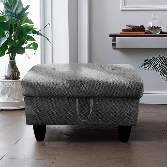 Ottoman Rectangular Storage Ottoman Bench, Flannel Footrest Stool Footstool with Lid for Living Room, Bedroom, Entryway, Black Gray, 28.5"x19"x17.5"-Ruum Studio Home