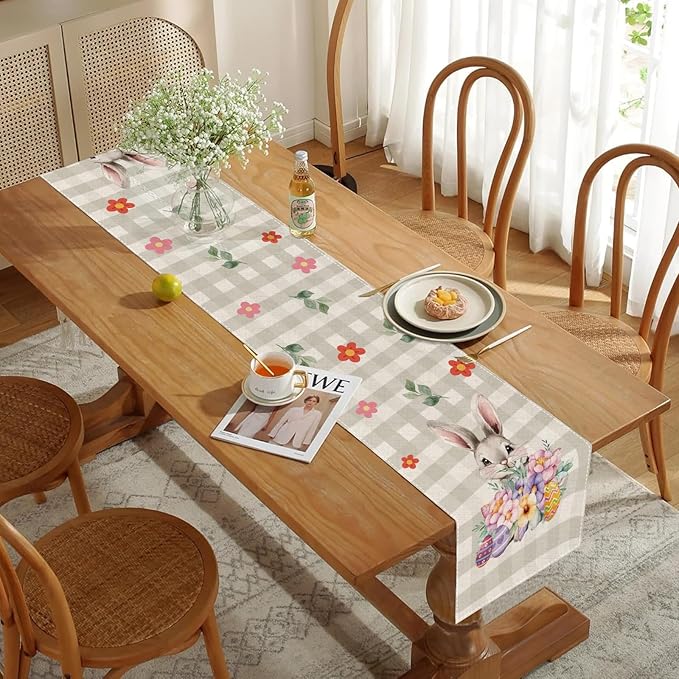 Easter Table Runner 13x72 Inch Bunny Rabbit Flowers Leaves Buffalo Plaid Eggs Seasonal Holiday Kitchen Dining Table Decoration for Indoor Kitchen Dining Home Party Decor-Ruum Studio Home