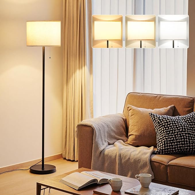 Ambimall Modern Standing Floor Lamp for Living Room & Bedroom with 3 Color Temperatures Bulb & Pull Chain Switch, 60" Tall with Beige Shade & Black Pole-Ruum Studio Home