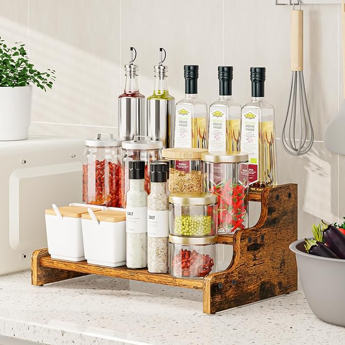 KLM 3-Tier Spice Rack, 13.8 Inch Wood Step Shelf Countertop Spice Storage Holder, Kitchen Pantry Cabinet Organizer Cupboard for Spice Bottles, Jars, Seasonings, Baking Supplies,Bathroom Organizer-Ruum Studio Home