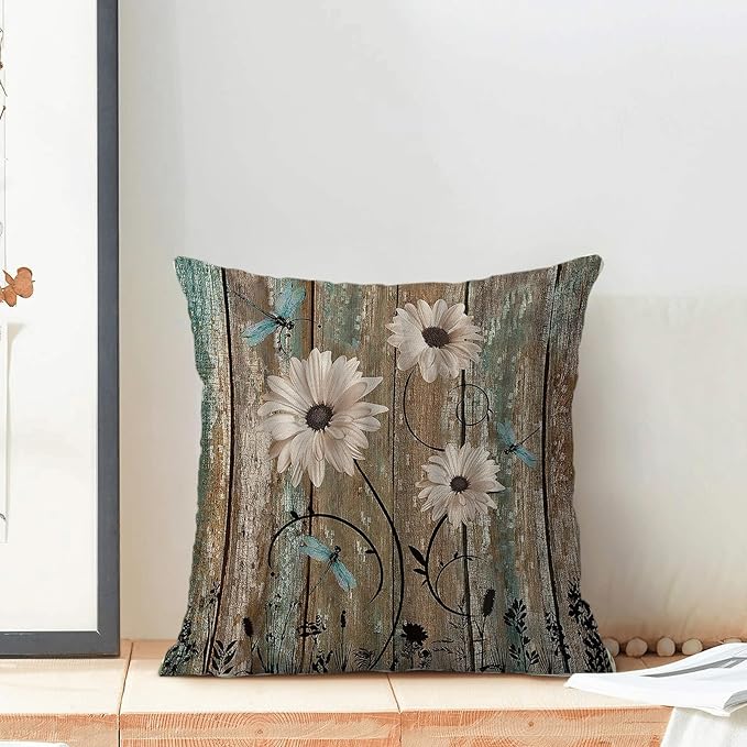 CXMEIFLY Spring Floral Pillow Covers 18 x 18 Inch Set of 2 for Brown Wood Texture Daisy Flowers Decor Throw Pillows Dragonfly Plant Floral Outdoor Decorative Cushion Cases for Couch Bed Decorations-Ruum Studio Home