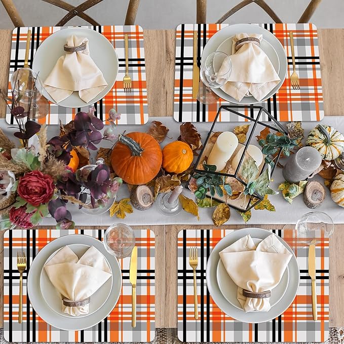 Fall Placemats Set of 6 Fall Orange Black Buffalo Plaid Plastic Table Mats Autumn Thanksgiving Place Mats Halloween Seasonal Table Decoration for Indoor Outdoor Party Kitchen Dining-Ruum Studio Home