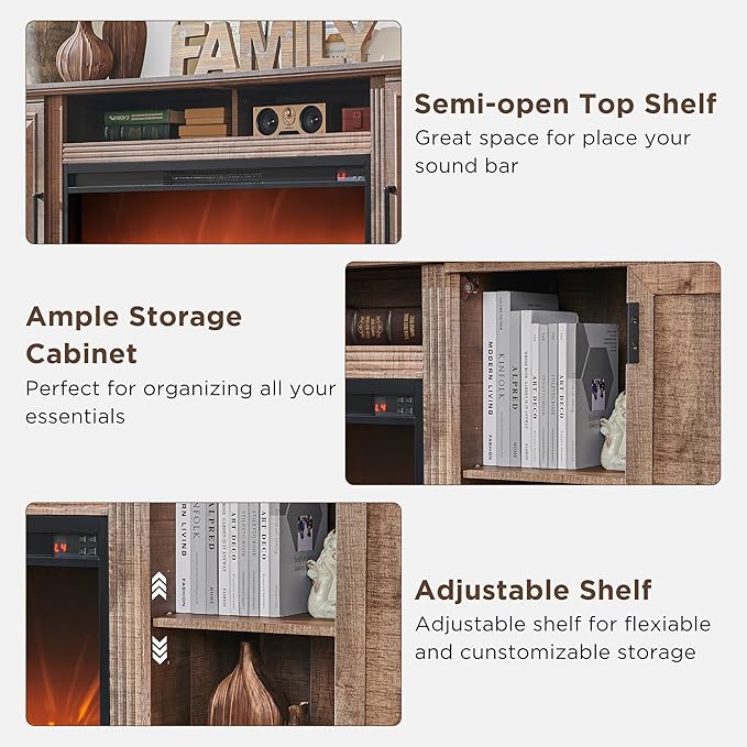 Fireplace TV Stand for 80 Inch TV, 35.7" Tall Farmhouse Entertainment Center W/36'' Electric Fireplace, Media Console with Large Storage Cabinets and Drawers for Living Room, Light Brown-Ruum Studio Home