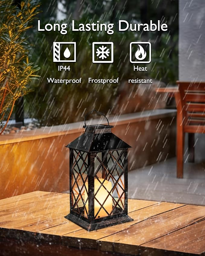 Homemory Solar Lanterns Outdoor Waterproof Hanging with Flickering Flameless Candles, 2 Pack 13'' Garden Outdoor Lantern Decorative for Patio Front Porch Backyard Balcony Cabin Outside(Antique Copper)-Ruum Studio Home
