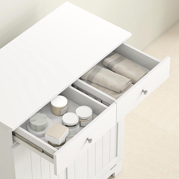 HOMCOM Laundry Hamper Cabinet with 2 Removable Baskets, Tilt Out Laundry Hamper Cabinet with 2 Drawers and 2 Beadboard Doors, Laundry Cabinet Bathroom Storage Cabinet, White-Ruum Studio Home