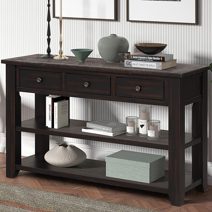 Solid Wood Console Table,Sofa Table with Storage Drawers and Bottom Shelf,Entryway Table for Entry Hallway Foyer,Fully Assembled (48.8" Distressed Black)-Ruum Studio Home