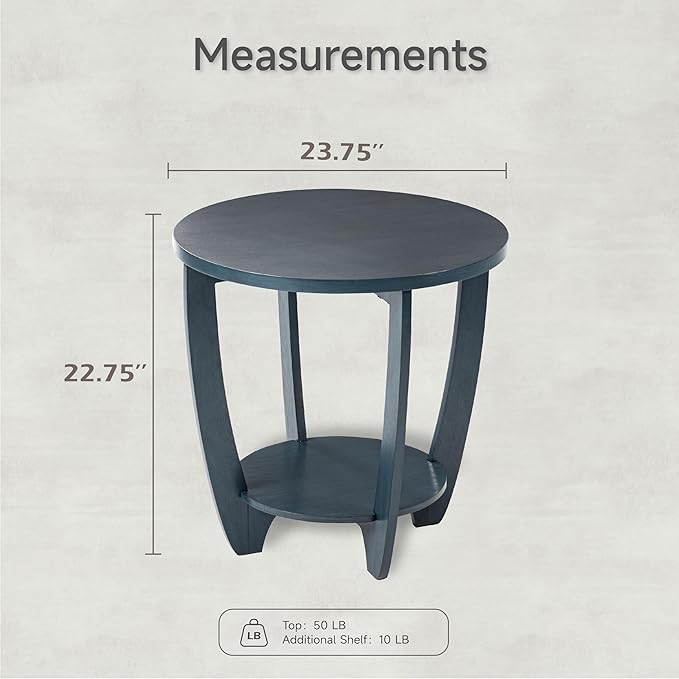 Rustic Farmhouse End Table with Storage Shelf, French Country Accent Side for Family, Dinning or Living Room, Small Spaces, Modern, Round, Vintage Blue Finish, Curved Leg-Ruum Studio Home