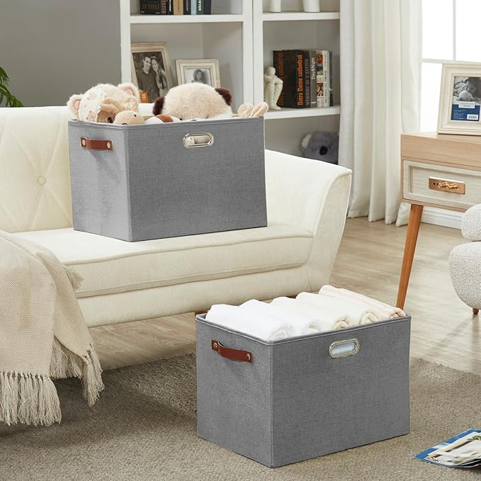 3-Pack Foldable Fabric Storage Bins with Durable PU & Metal Handles, Collapsible Storage Baskets for Shelves, Home Storage, Closet Organizers, Living Room(17"x11.8"x11.8", Grey)-Ruum Studio Home
