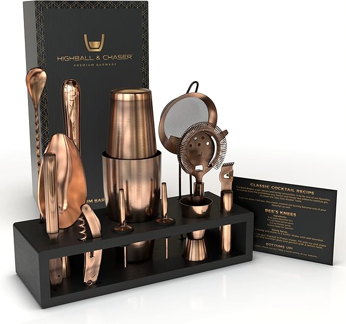 Highball & Chaser Bartender Kit with Black Bamboo Stand Beautiful Cocktail Shaker Set and Bar Tools Stainless Steel Boston Shaker Bartender Kit with Stand (Antique Copper)-Ruum Studio Home