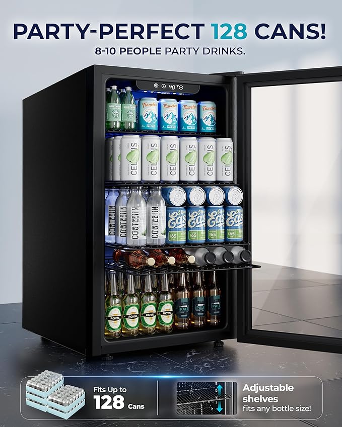 EUHOMY Beverage Refrigerator and Cooler, 128 Can Mini fridge with Glass Door, Small Refrigerator with Adjustable Shelves for Soda Beer or Wine, Home/Bar/Office, Black-Ruum Studio Home