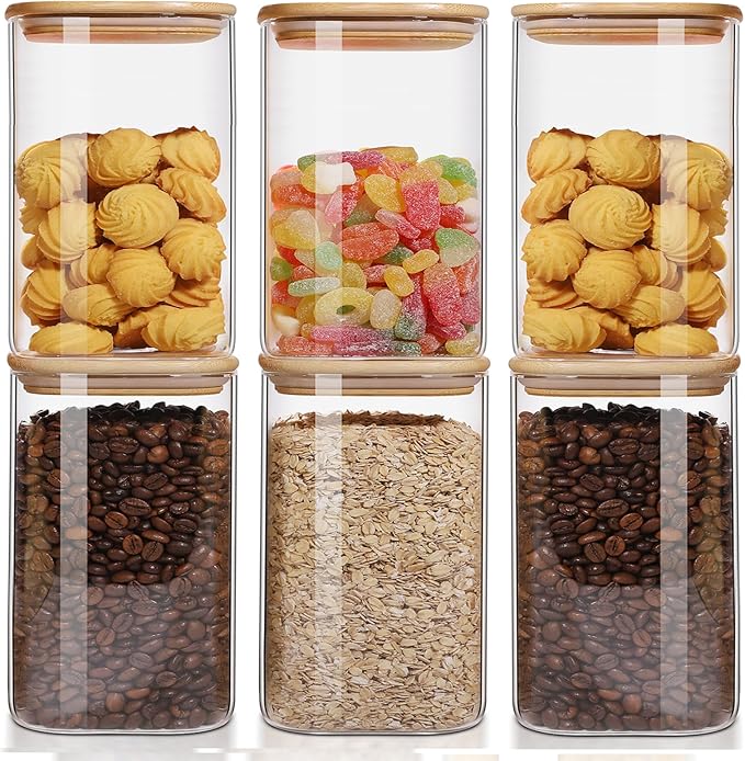 50oz Glass Food Storage Jars Set of 6,Glass Storage Containers Clear Glass Food Canister with Bamboo Lid Airtight For Serving Tea, Coffee, Flour, Sugar, Candy, Cookie, Spice and More (Square)-Ruum Studio Home