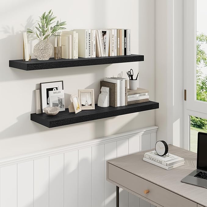 36 Inch Floating Shelves, 9.3 Inch Deep Rustic Wall Shelves - Extra Deeper Wall Mounted Storage Shelves for Bathroom, Kitchen, Living Room (Black, Set of 2)-Ruum Studio Home