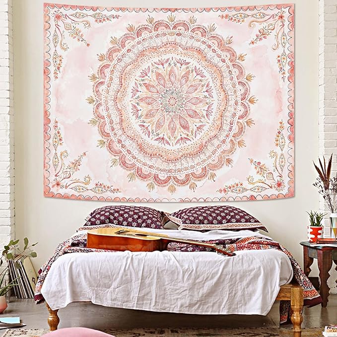 Fowocu Boho Floral Mandala Tapestry Wall Hanging Pink Bohemian Flower Medallion Tapestry Aesthetic Watercolor Hippie Indian Small Tapestries for Bedroom Living Room Dorm Decor 60 x 44 Inch-Ruum Studio Home