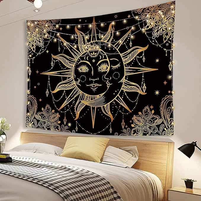 Lunerfex Hippie Sun and Moon Tapestry Bohemian Tapestry Aesthetic Cute Tapestries for Bedroom and Living Room Decor Sun 50×60 Inches-Ruum Studio Home
