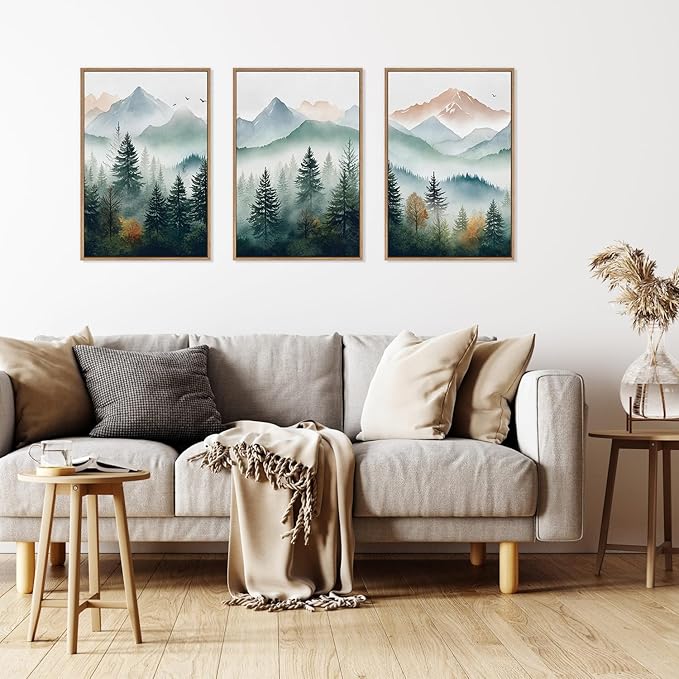 HLNIUC Misty Mountain Forest Framed Wall Art Set,Green Fog Pine Tree Wall Decor,White Foggy Forest Senic Canvas Wall Painting,Fogforest Landscape Art Print for Living Room,Bedroom,Office - 16”x24”x3-Ruum Studio Home