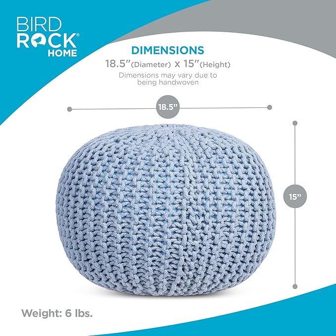 BIRDROCK HOME Round Pouf Ottoman | Cotton Braided Foot Stool with Bean Bag Filling | Boho Foot Rest for Living Room & Bedroom | Compact & Comfortable Seating, Lightweight & Soft | Soft Blue-Ruum Studio Home
