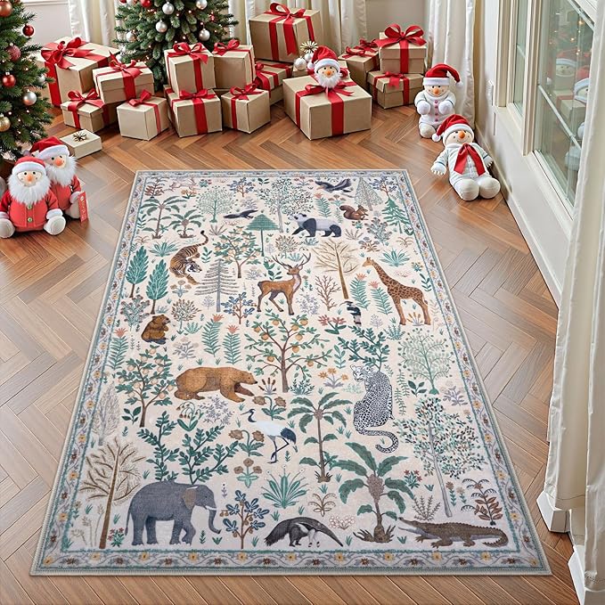 OJIA Jungle Print Washable Area Rugs 5x7, Soft Modern Rugs for Living Room Ultra-Thin Non-Shedding Bedroom Rug, Stain Resistant Neutral Area Rug Large Carpet for Dining Room Kids Nursery Playroom-Ruum Studio Home