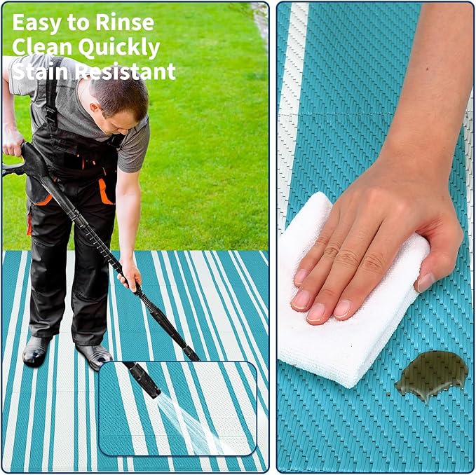 Outdoor Patio Rug 9x12 Stain-Resistant Reversible Camping Mat, Modern Striped Outdoor Plastic Straw Rug, Waterproof Outside Carpet, Easy to Clean for RV, Porch, Deck, Balcony, Light Blue-Ruum Studio Home