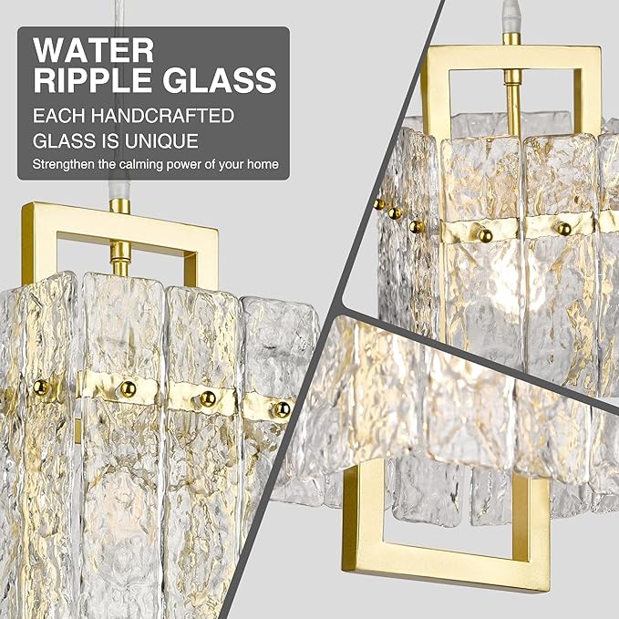 IKK Gold Crystal Pendant Light for Kitchen Island, Luxury Water Ripple Glass Chandelier Lights Fixture, Modern Elegant Adjustable Pendant Lighting for Dining Room Bedroom, E12 Bulb, L6.5'' x H11.8''-Ruum Studio Home