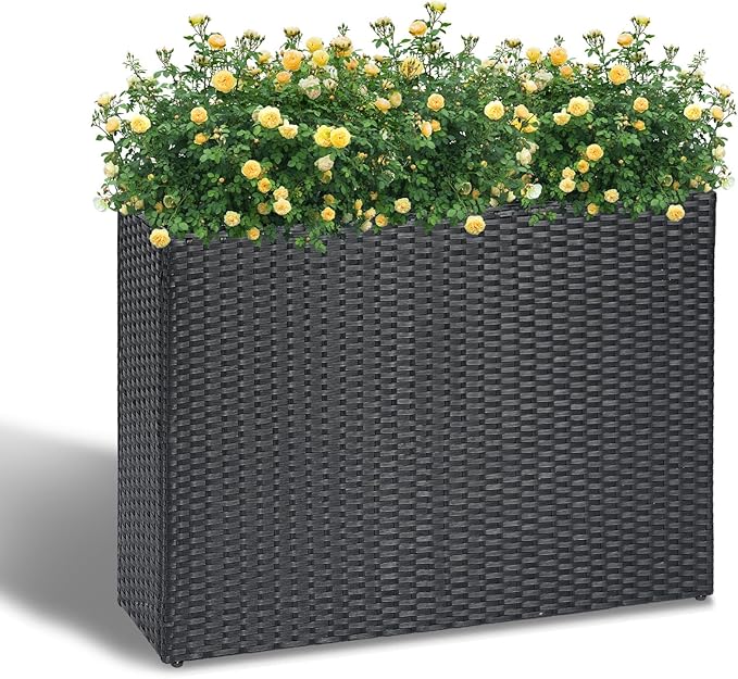LEWIS&WAYNE Large Rectangular Block Planter Box Handmade Wicker Tall Planters for Outdoor Plants with Removable Liners Modern Planter for Indoor Outdoor Patio Deck - Black, 38''x11''x30''-Ruum Studio Home