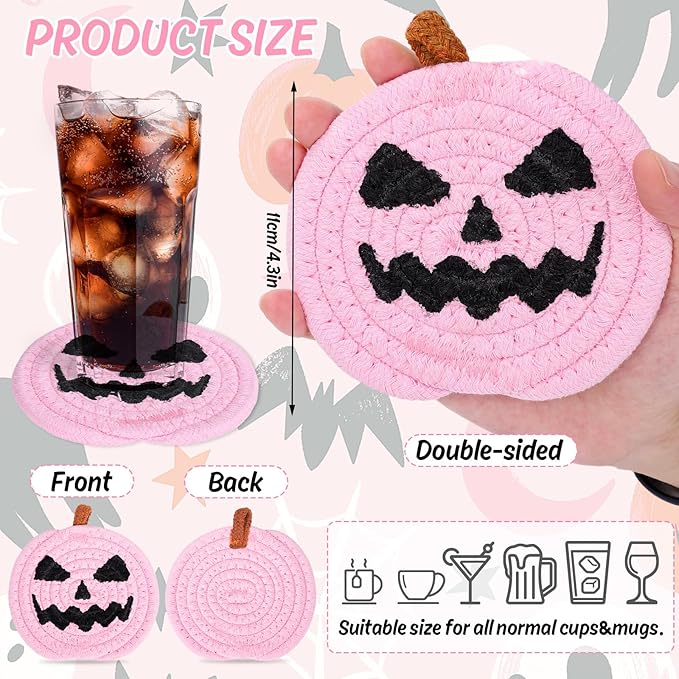 Whaline Halloween Pumpkin Cotton Coasters Pink Pumpkin Face Handmade Braided Drink Coasters Absorbent Cup Mats for Trick or Treat Party Home Table Decor, Set of 4-Ruum Studio Home