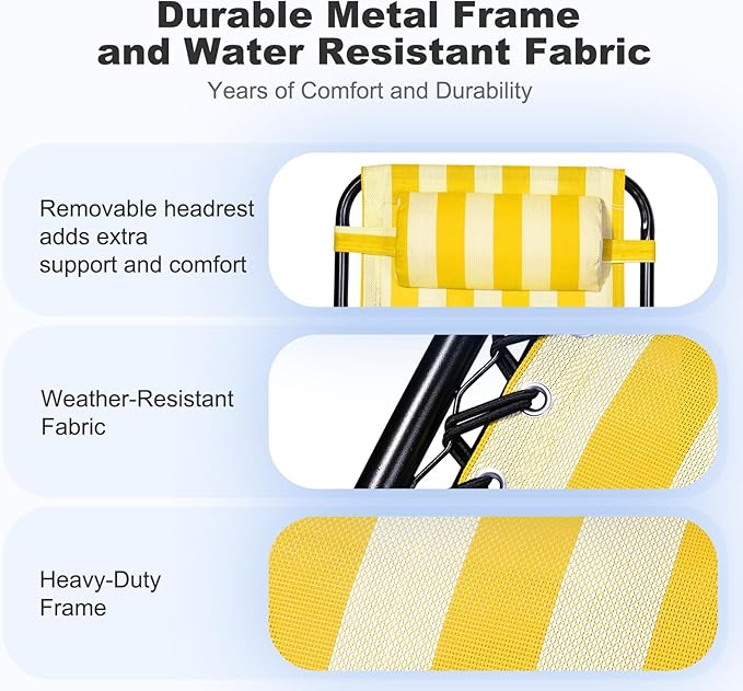 Nazhura Set of 2 Relaxing Recliners Patio Chairs Adjustable Steel Mesh Zero Gravity Lounge Chair Beach Chairs with Pillow and Cup Holder (Yellow Stripe)-Ruum Studio Home