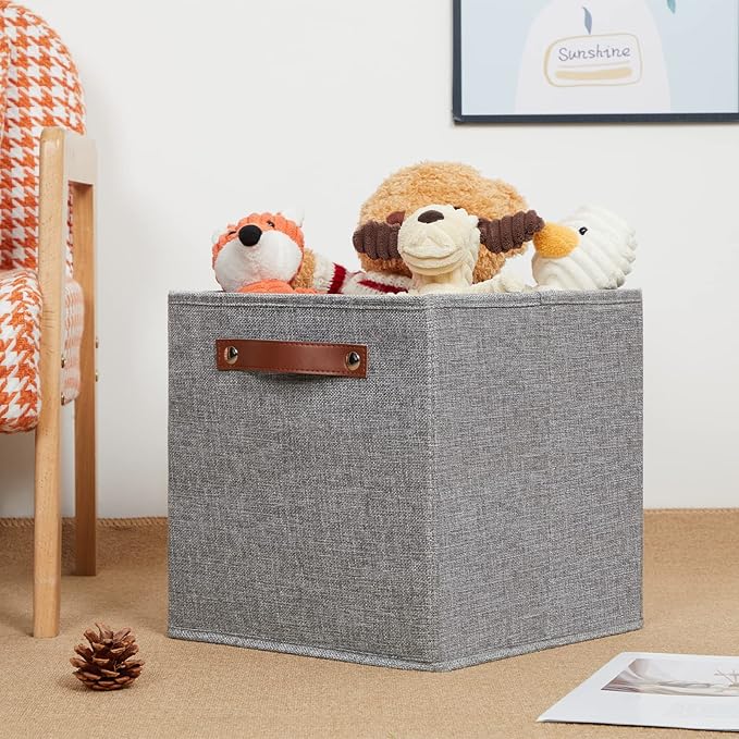 HNZIGE Shelf Storage Cubes Bins for Organizing, Set of 4, Cabby Fabric Cube 11x11 Closet Organizer with Handles (Gray)-Ruum Studio Home
