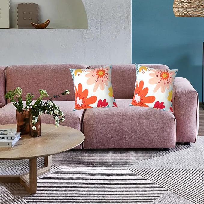 Embroidered Decorative Throw Pillow Cover, 18"x18" Set of 2, Farmhouse Pillowcase Pink Red Flower Knit Pattern Cotton Canvas Cushion Case Square Floral Pillow Case for Sofa Couch Bed Living Room…-Ruum Studio Home