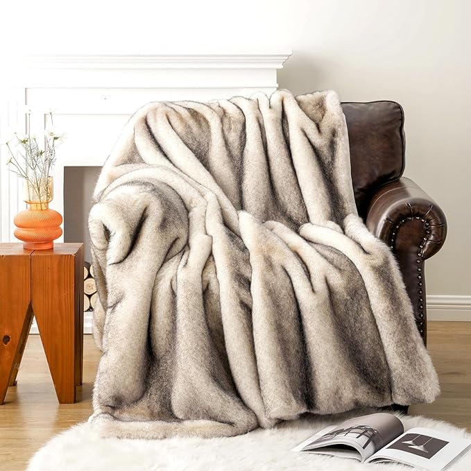 BATTILO HOME Luxury Fluffy Faux Fur Throw Blanket, Cozy Warm Fur Blanket for Couch Sofa, Plush Fuzzy Fur Throws with Long Pile & Brushed Tips, 60"x80"-Ruum Studio Home
