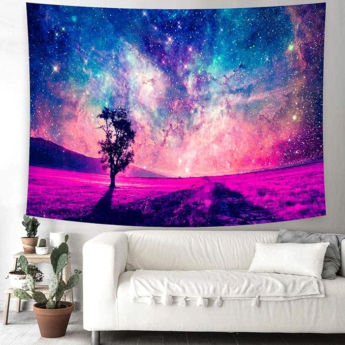Delur Tree in Galaxy Tapestry Planet Cosmic Outer Space Universe Starry Sky Wall Hanging Tapestry Psychedelic Forest Nature Landscape Headboard for Bedroom Living Room Home Decor (51.2" x 59.1")-Ruum Studio Home
