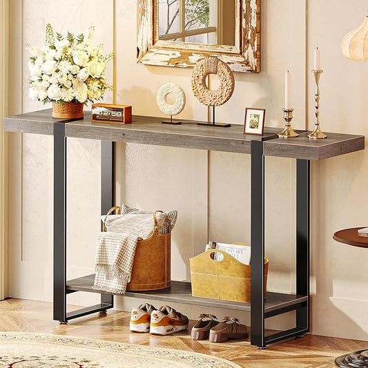 Huuger 47.2 Inch Entryway Table, 2-Tier Industrial Console Sofa Table with Storage, Accent Table, for Entry, Hallway, Entrance, Foyer, T-Shaped Metal Frame, Grey-Ruum Studio Home